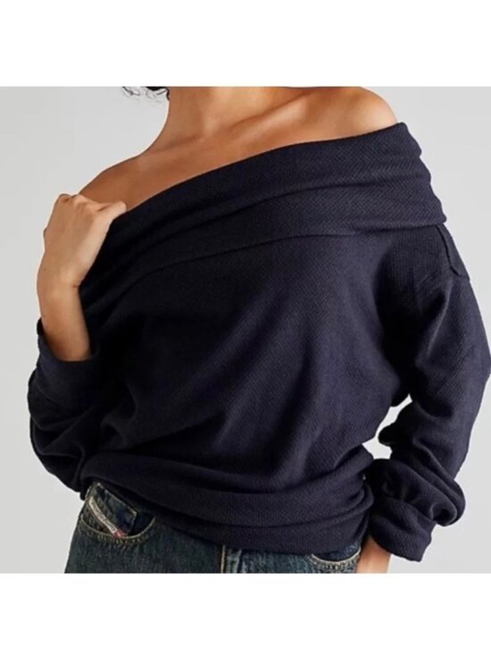 We The Free Tops - We The Free Hazy Heart Black Off-Shoulder Long-Sleeve Women's Top Medium